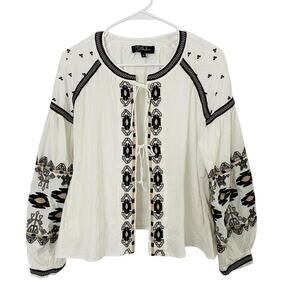 Anthropologie RD & KoKo Embroidered Jacket Womens M Ivory Boho Tie Front Pockets